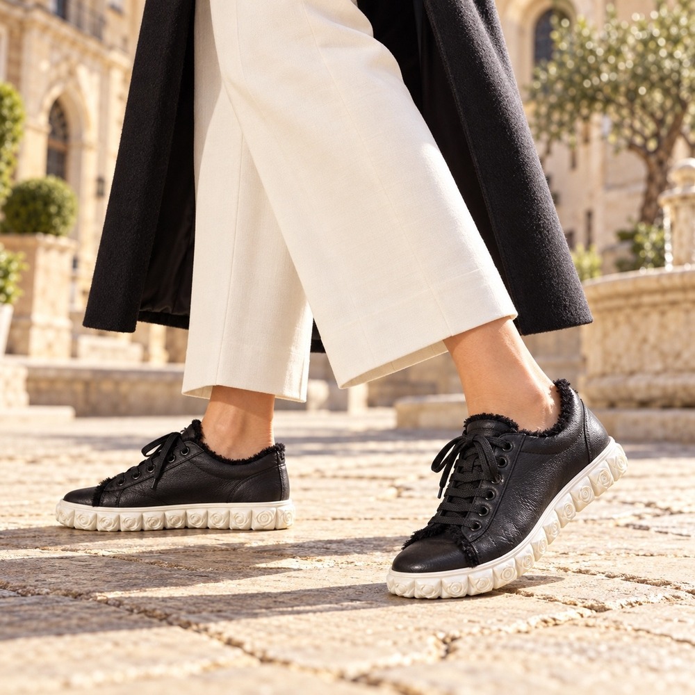 Stuart Weitzman Fringie Coverstory Black Leather Rose Sole Sneakers 8.5